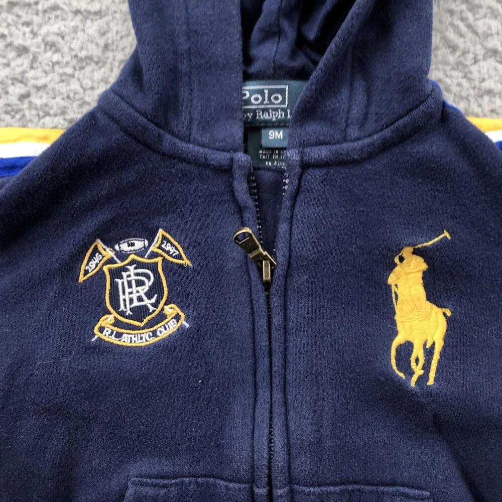 Polo Ralph Lauren Jacket Infant 9M Blue Hooded Fleece Track Zip Logo Striped